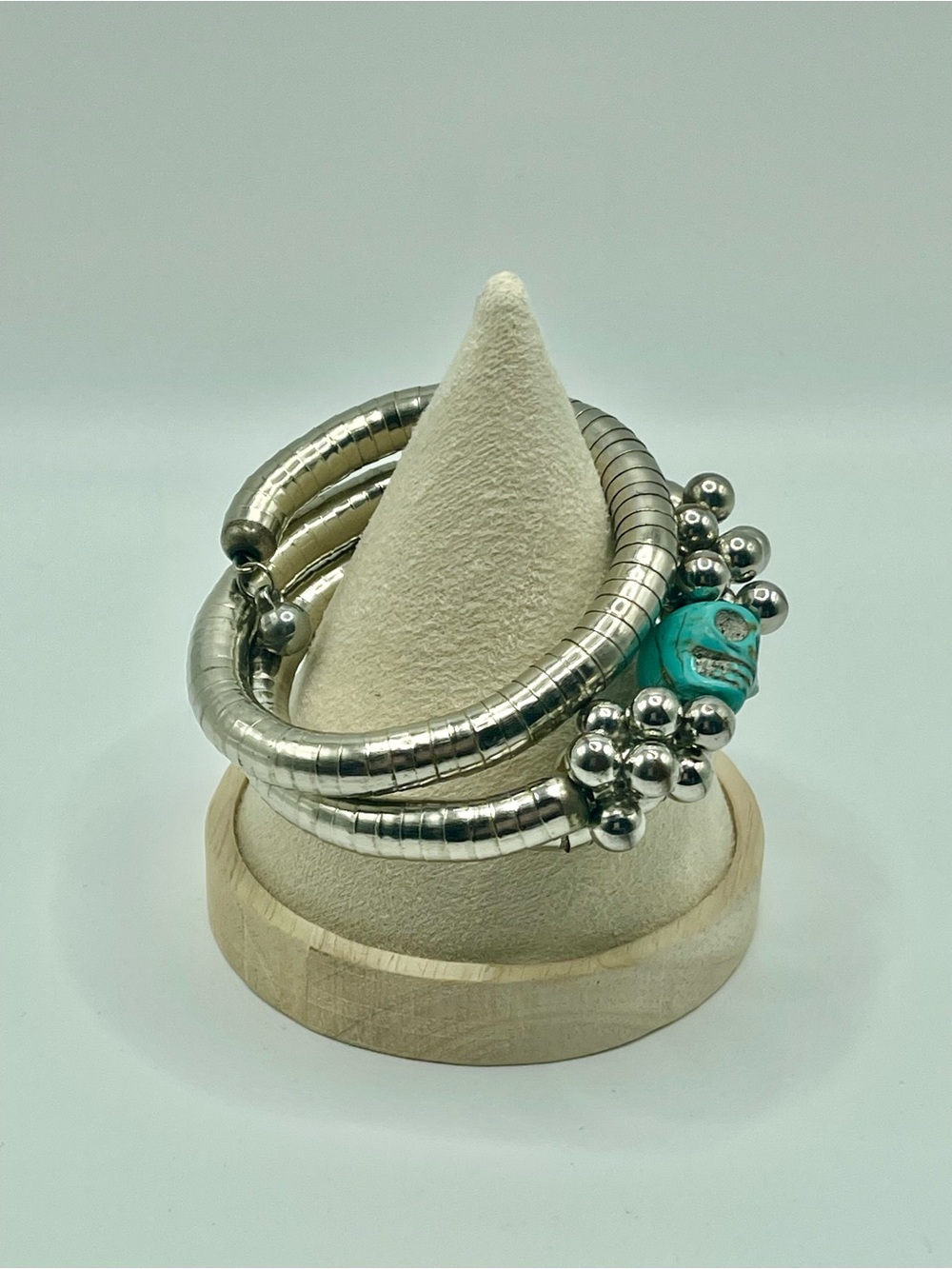 Silver Tone Wrap Coil Bracelet Faux Turquoise Skull Bead Boho